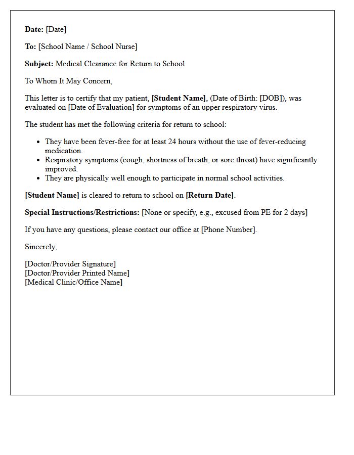 Upper Respiratory Virus School Return Approval Letter