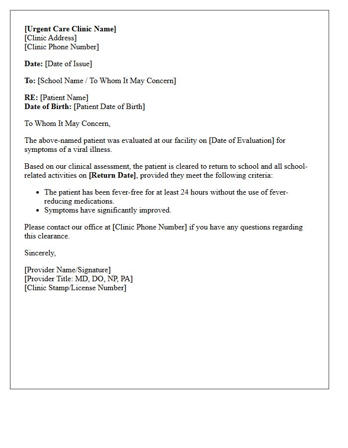 Urgent Care Viral Illness Return to School Release Letter