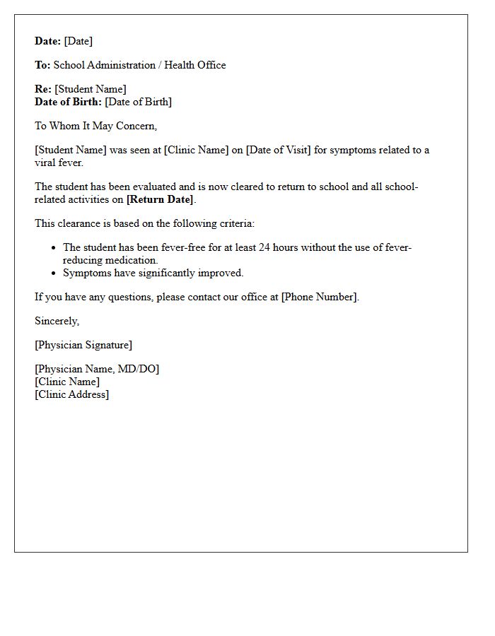 Pediatric Clinic Viral Fever Clearance Return to School Letter