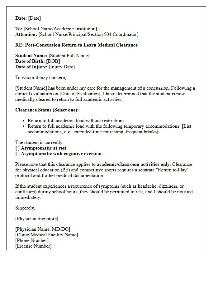 Post-Concussion Return to Learn Medical Clearance Letter