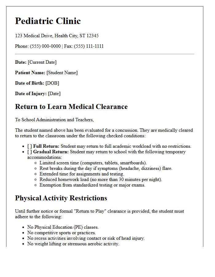 Pediatric Clinic Return to Learn Concussion Clearance Letter