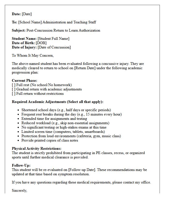 Student Post-Concussion Return to Learn Authorization Letter