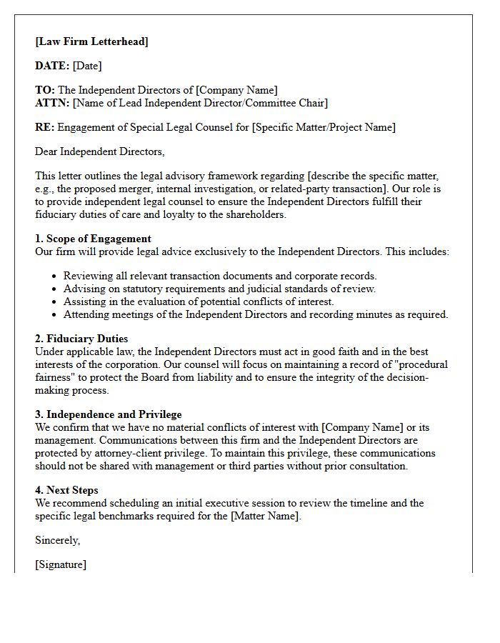 Independent Directors Legal Counsel Advisory Letter