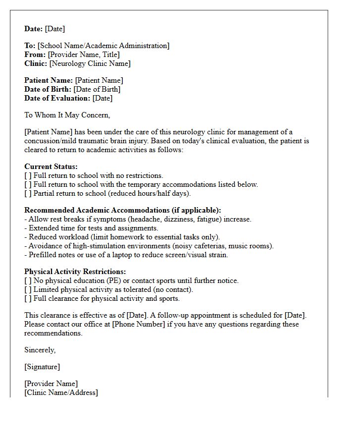 Neurology Clinic Return to Learn Academic Clearance Letter