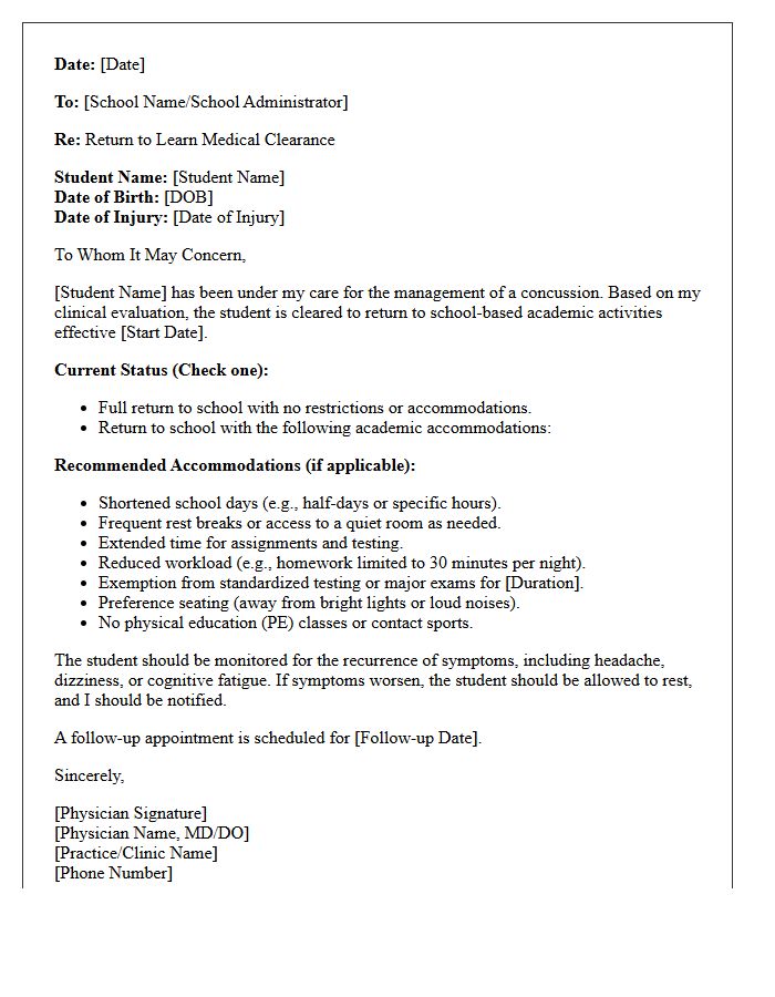 Physician Return to Learn Post-Concussion Approval Letter