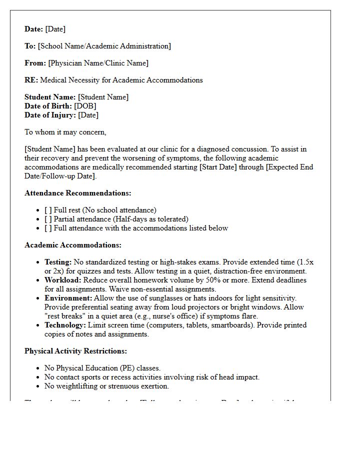 Clinical Post-Concussion Return to Learn Accommodation Letter