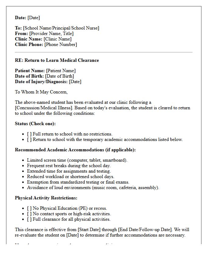 Outpatient Clinic Return to Learn Medical Clearance Letter