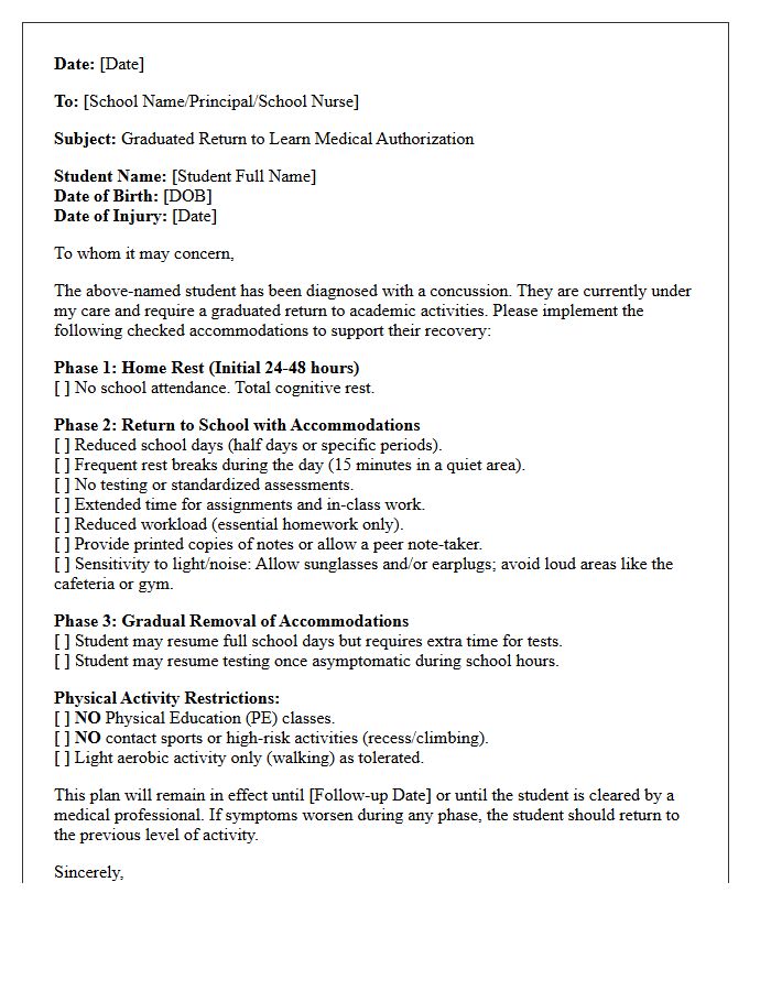 Graduated Return to Learn Post-Concussion Medical Letter