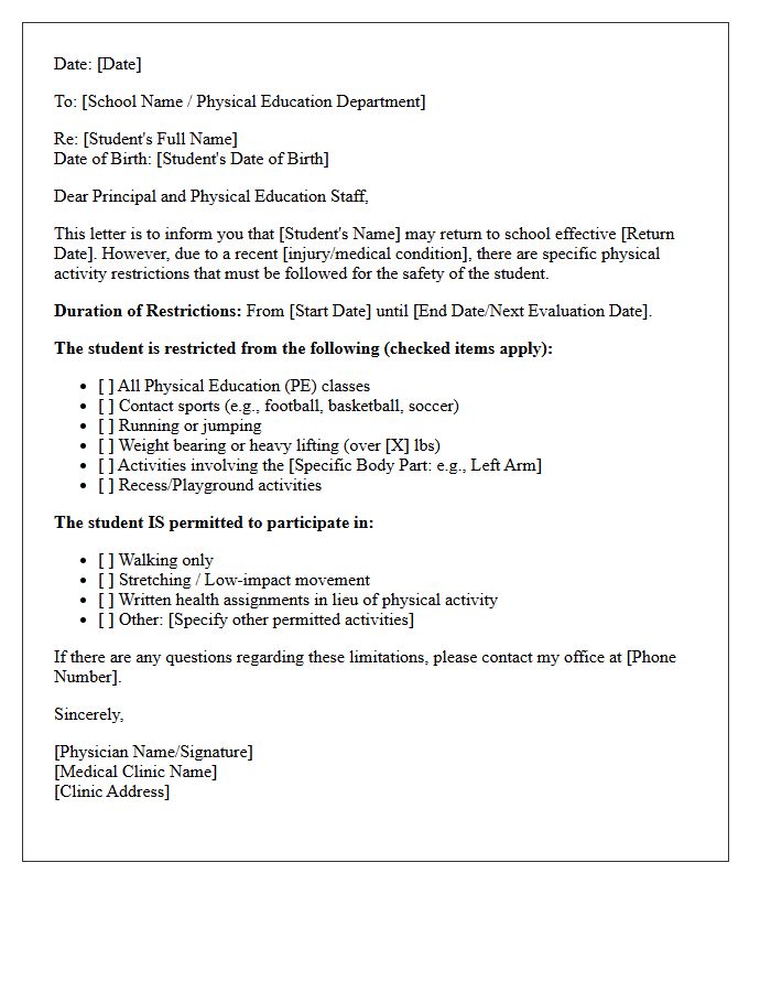 Return to School with Physical Education Restrictions Letter