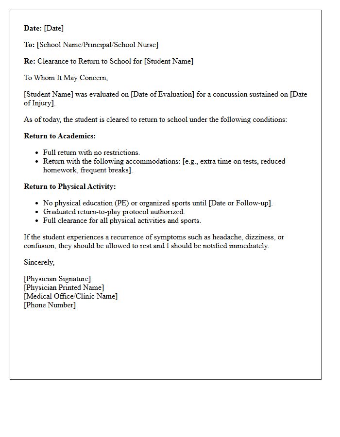 Clearance to Return to School Post-Concussion Letter