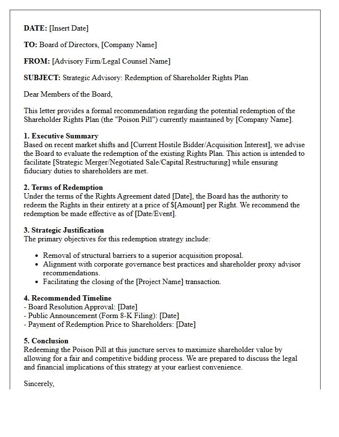 Poison Pill Redemption Strategy Advisory Letter
