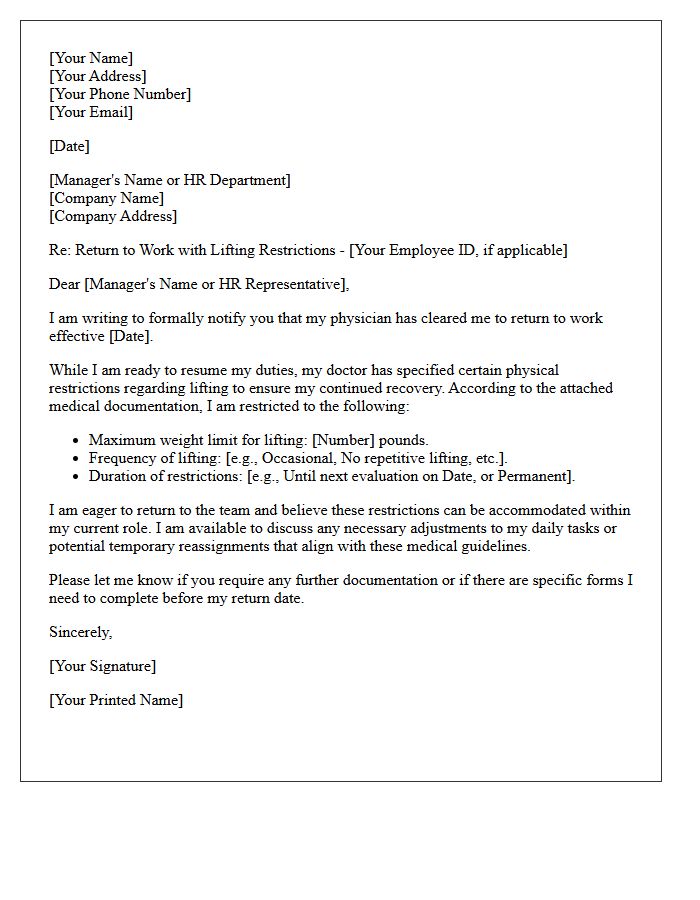 Return to Work with Lifting Restrictions Letter