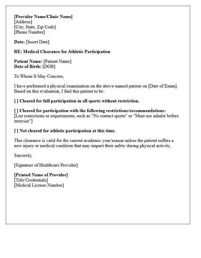 Medical Clearance for Athletic Participation Letter