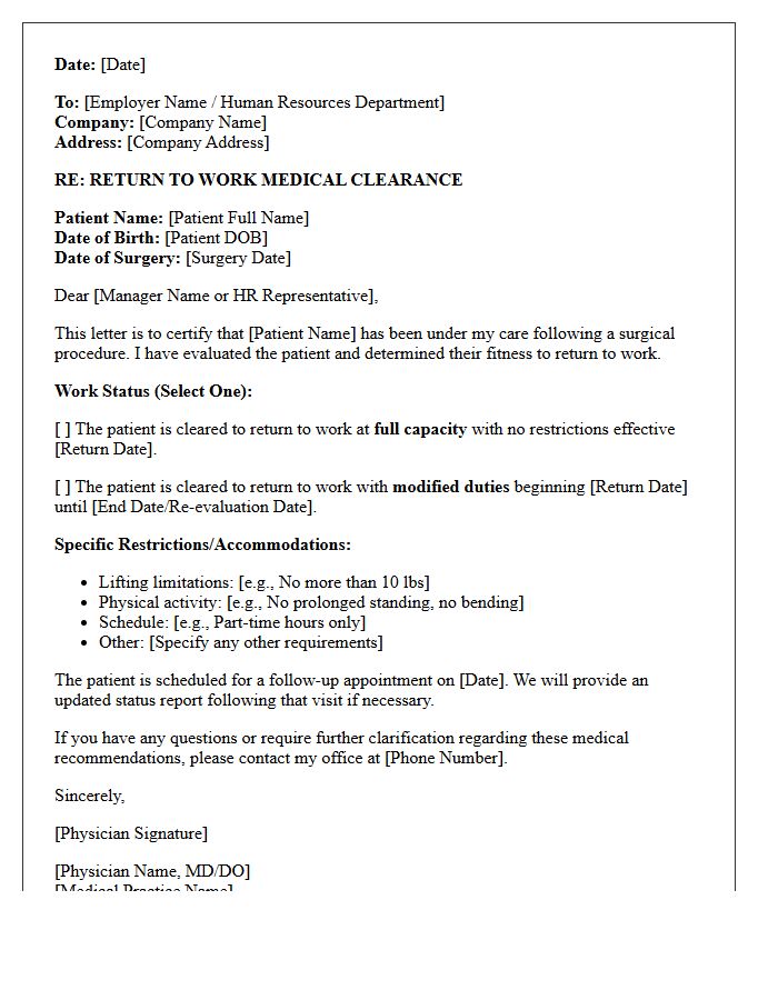 Return to Work Following Surgical Procedure Clearance Letter