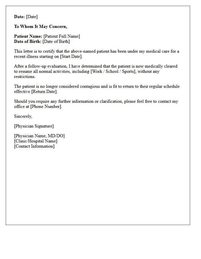 Clearance to Resume Normal Activities Post-Illness Letter
