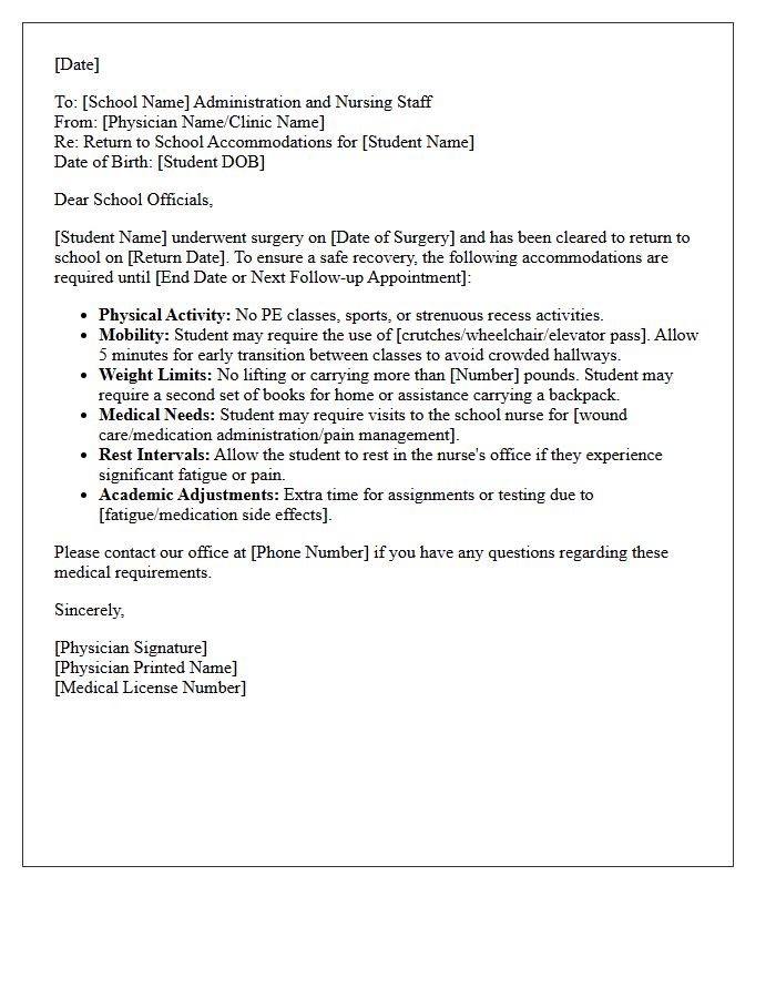 Post-Surgical Return to School Accommodation Letter