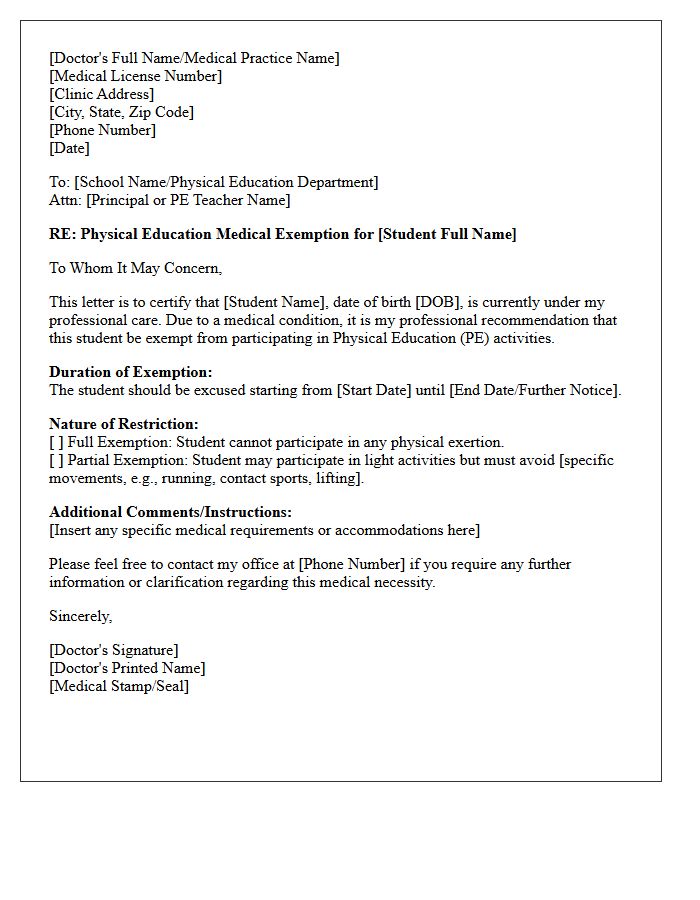 Physical Education Exemption Medical Letter