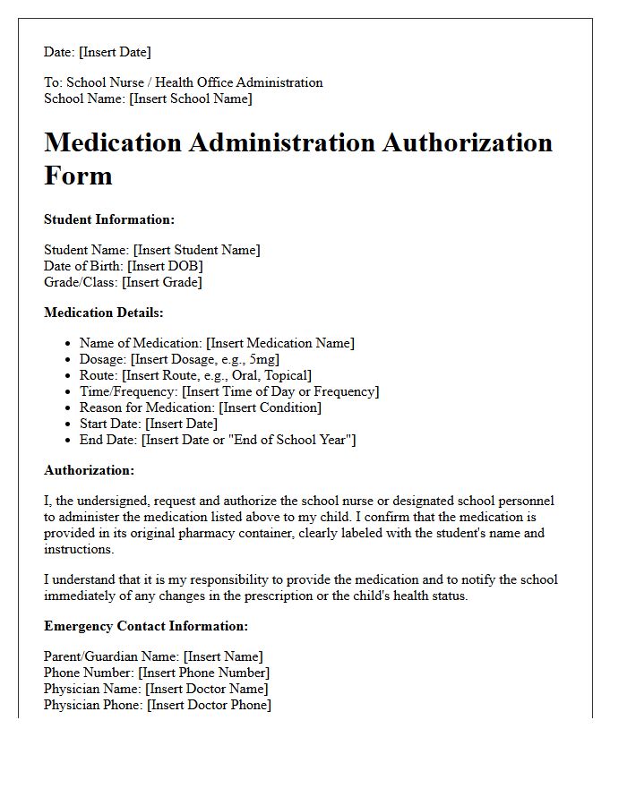 School Clinic Medication Administration Authorization Letter