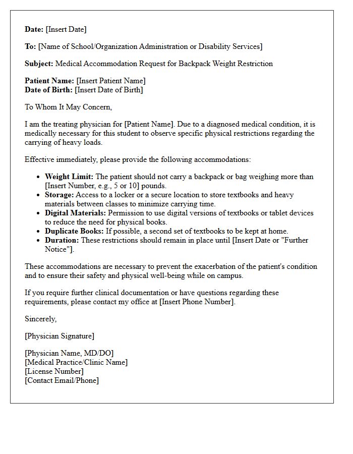 Backpack Weight Restriction Medical Accommodation Letter