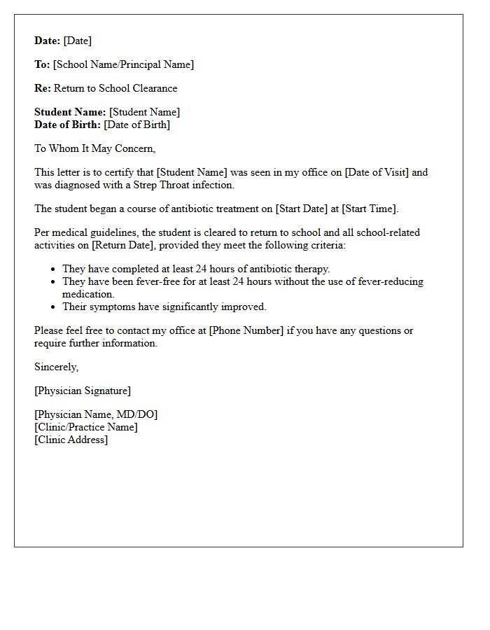 Strep Throat Infection Clearance and Return to School Letter