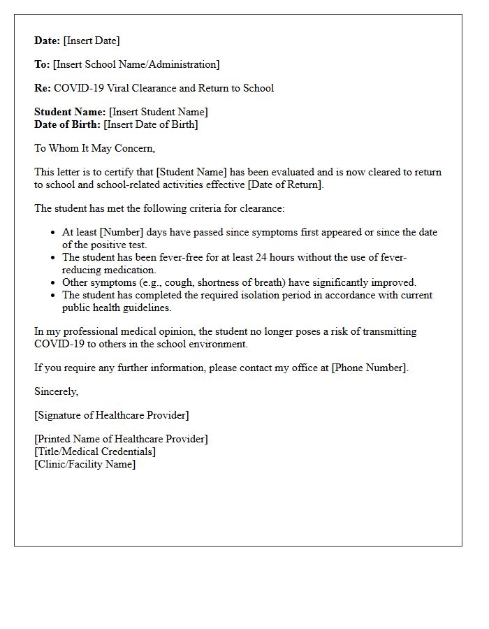 COVID-19 Viral Clearance and Safe Return to School Letter