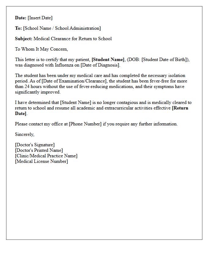 Influenza Recovery Clearance and Return to School Letter