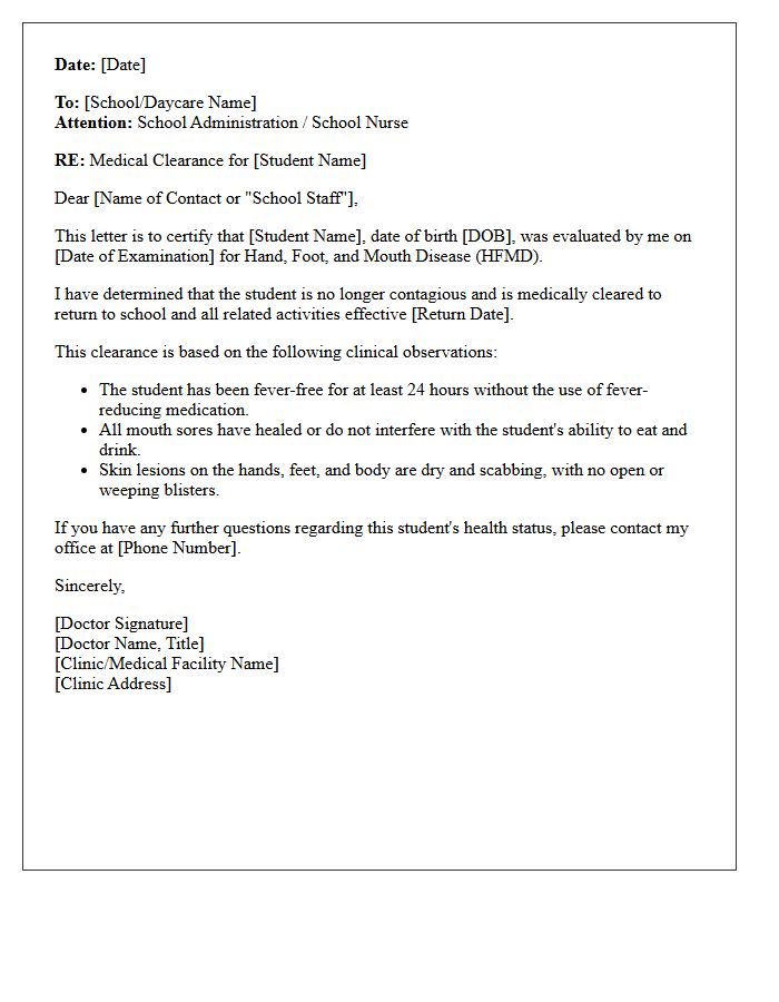 Hand Foot and Mouth Disease Clearance and Return to School Letter