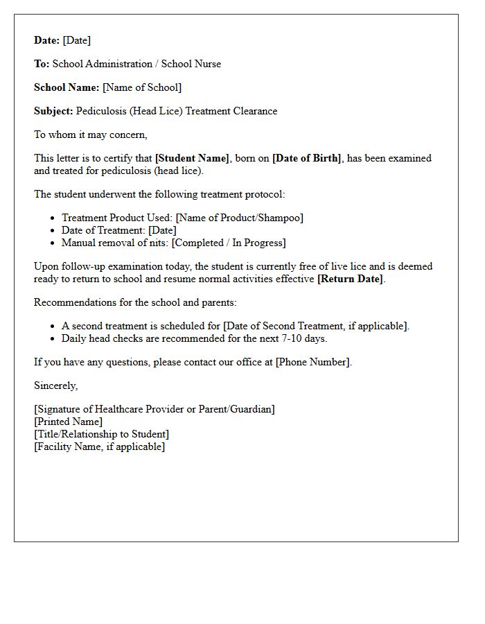 Pediculosis Treatment Clearance and Return to School Letter