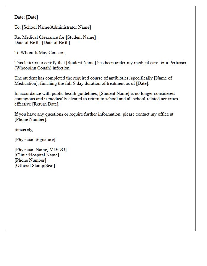 Pertussis Infection Clearance and Return to School Letter