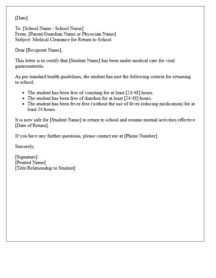 Viral Gastroenteritis Clearance and Return to School Letter