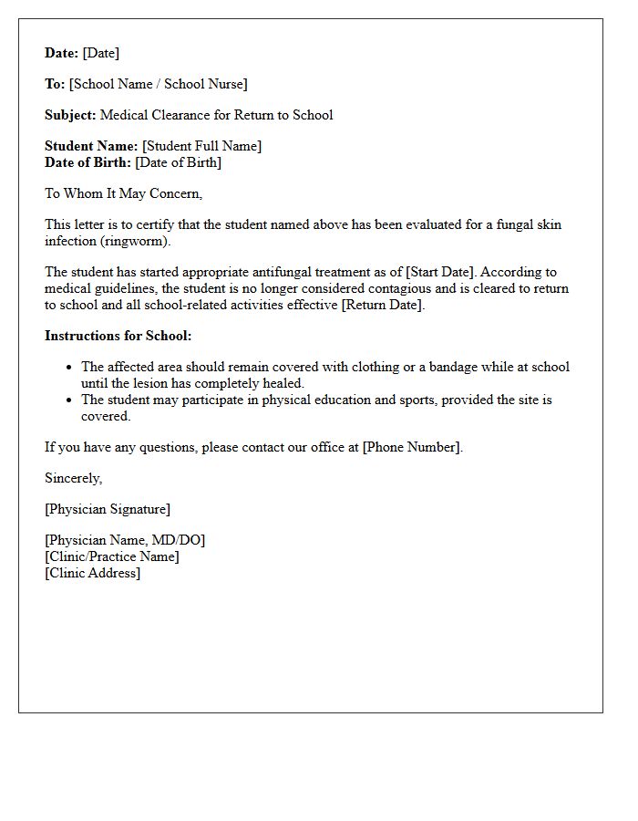 Ringworm Fungal Treatment Clearance and Return to School Letter