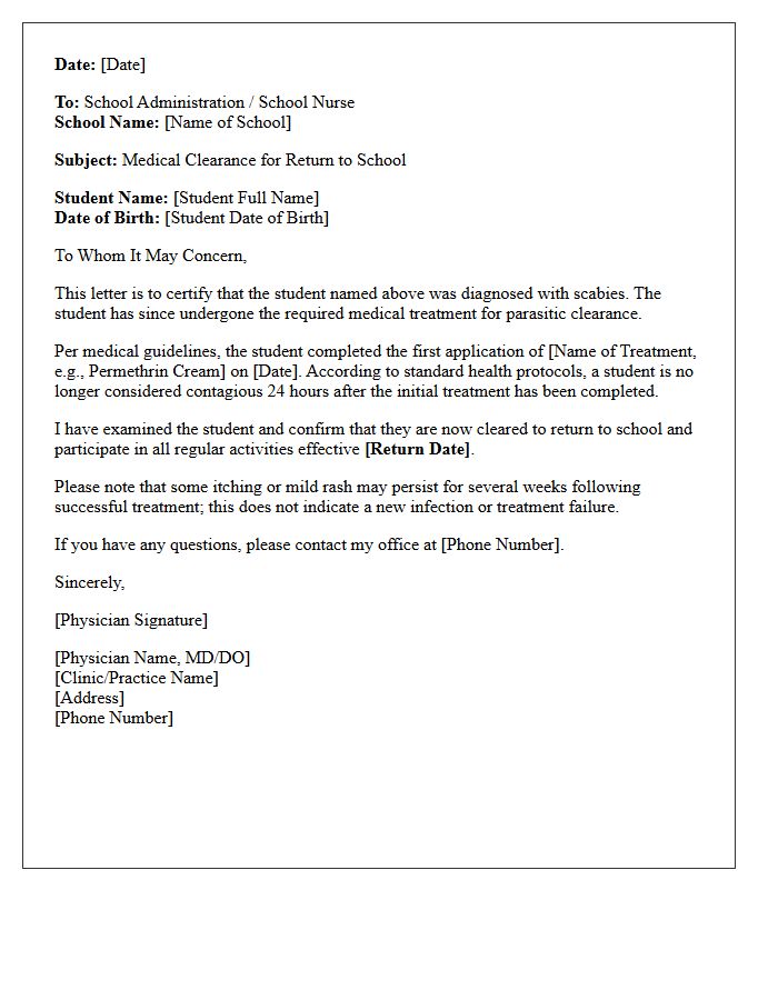 Scabies Parasitic Clearance and Return to School Letter