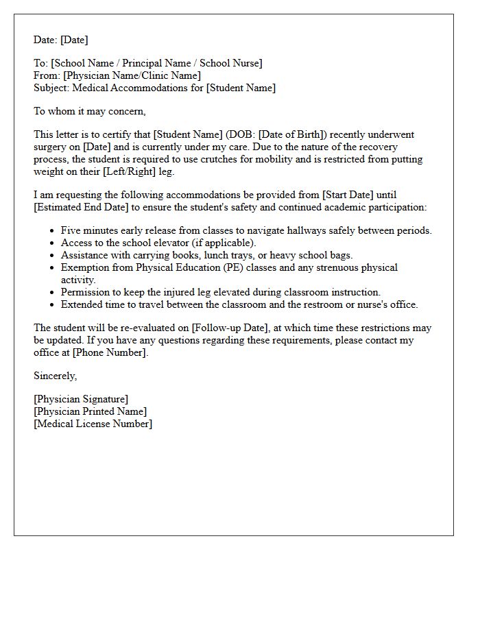 Post-Surgery Crutches School Accommodation Letter