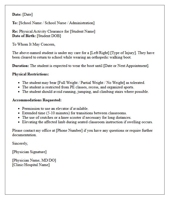 Orthopedic Boot Return to School Clearance Letter