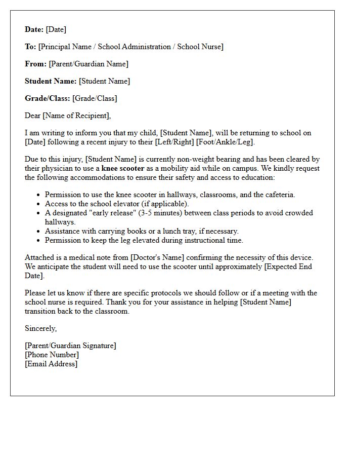 Student Knee Scooter Return to School Letter