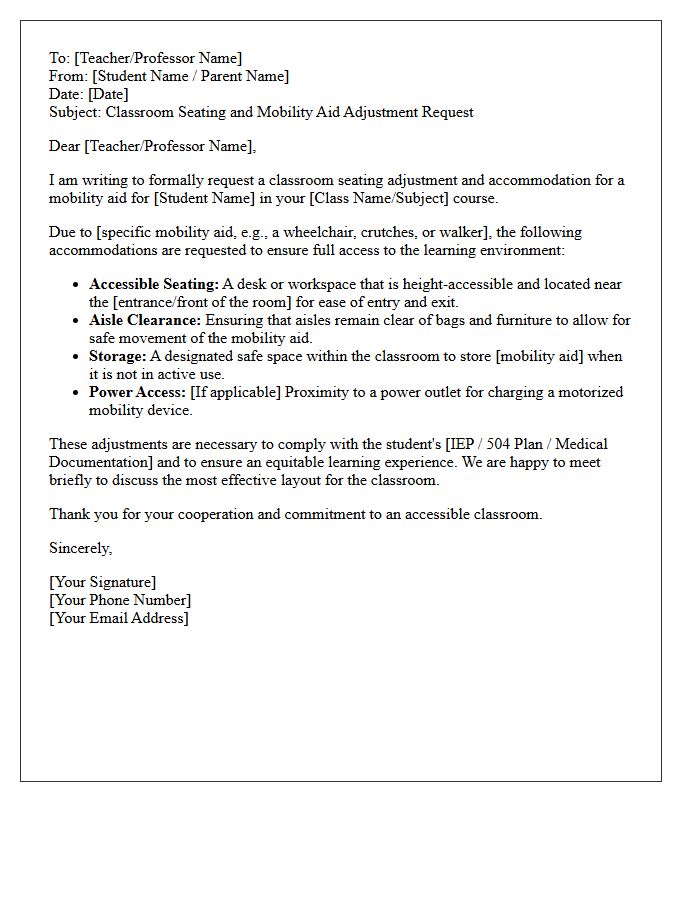 Classroom Seating and Mobility Aid Adjustment Letter