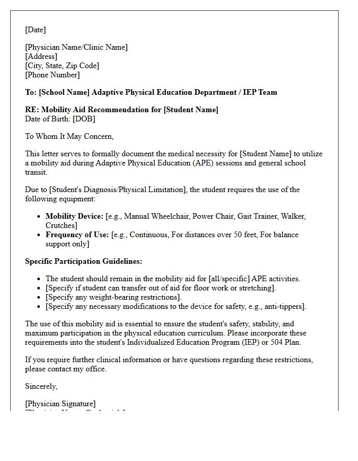 Adaptive Physical Education Mobility Aid Letter