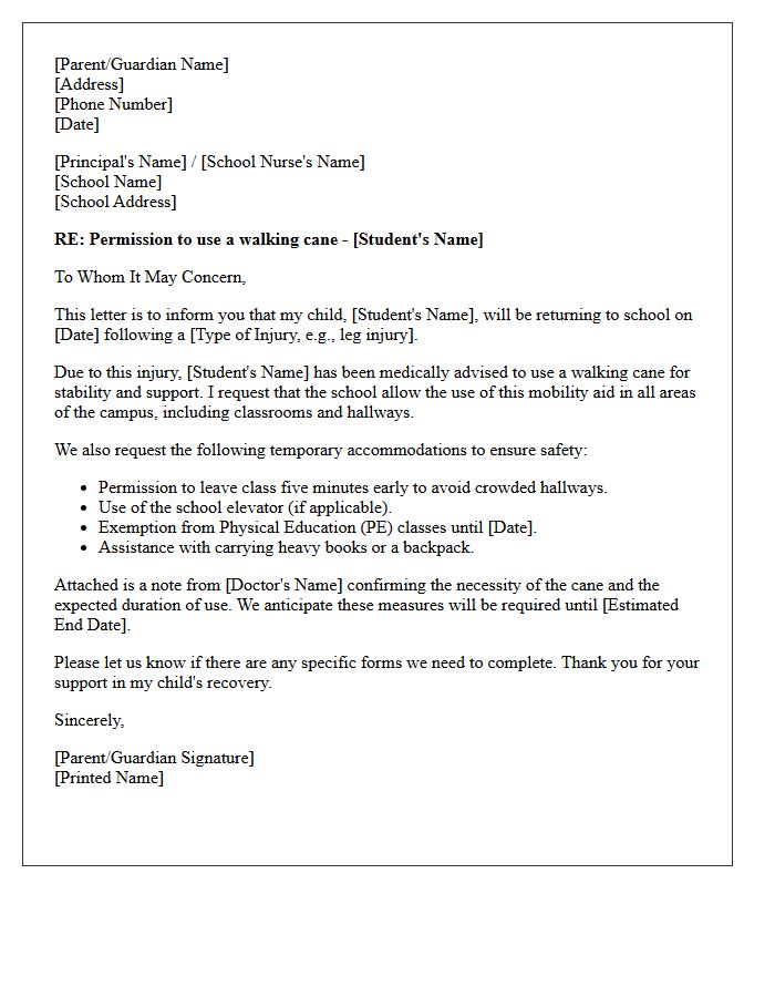 Post-Injury Walking Cane School Return Letter