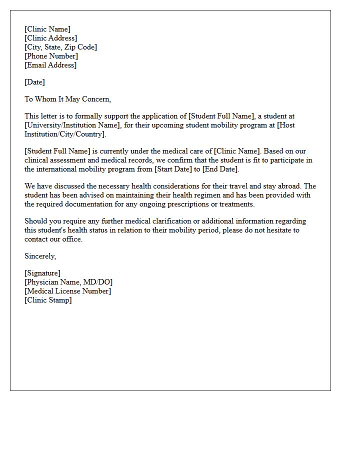 Medical Clinic Student Mobility Support Letter
