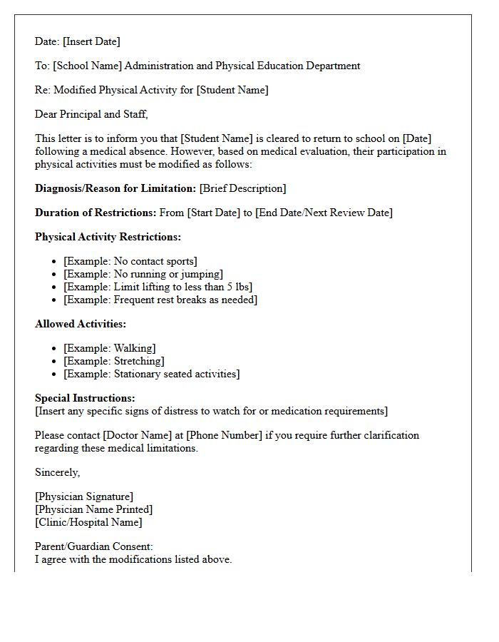 Modified Physical Activity Return to School After Extended Medical Absence Letter