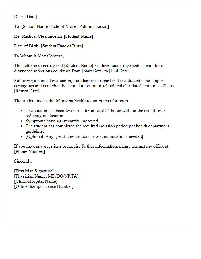 Infectious Disease Clearance Return to School After Extended Medical Absence Letter