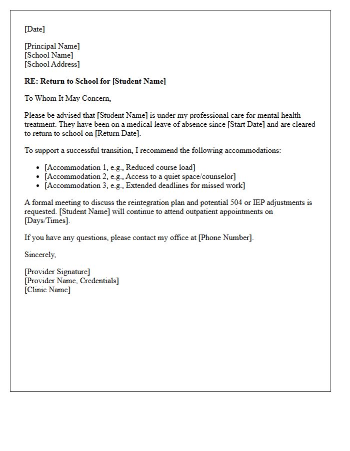 Mental Health Treatment Return to School After Extended Medical Absence Letter
