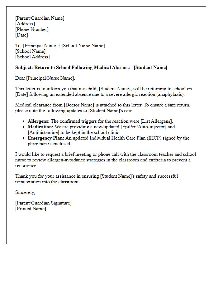 Severe Allergic Reaction Return to School After Extended Medical Absence Letter