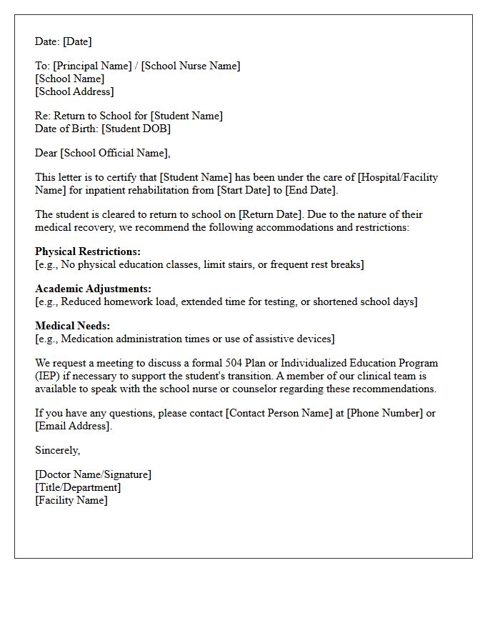 Inpatient Rehabilitation Return to School After Extended Medical Absence Letter