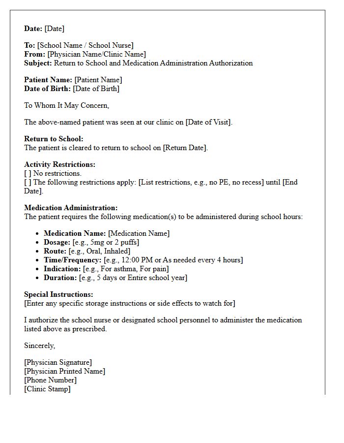 Pediatric Return to School and Medication Administration Letter