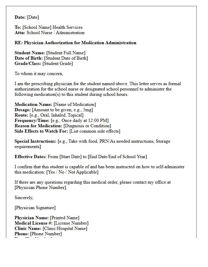 Physician Authorization Letter for School Medication Administration