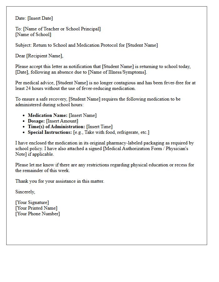 Post-Illness Return to School and Medication Protocol Letter
