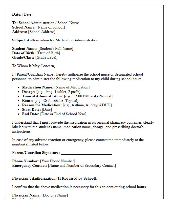 Clinic Authorization Letter for In-School Medication Administration