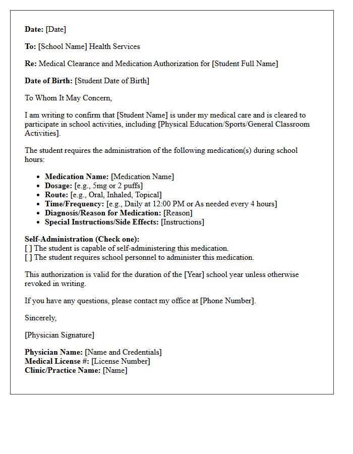 Medical Clearance and School Medication Administration Letter