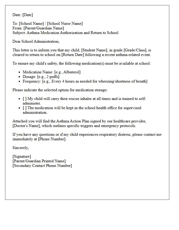 Asthma Medication Administration and Return to School Letter